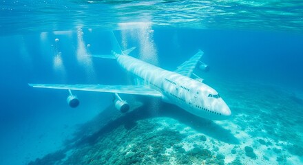 Fototapeta premium A large airplane rests underwater near coral, a surreal and imaginative composition with blue tones.