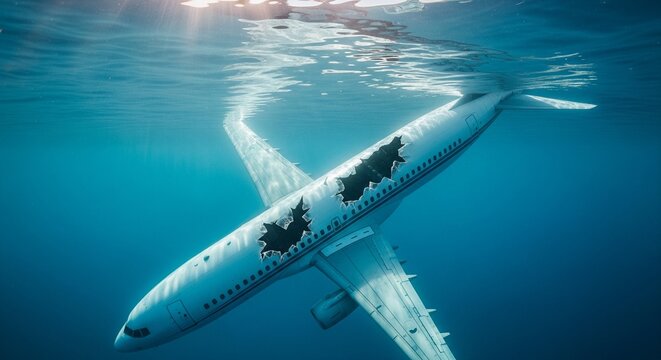Submerged Airplane with Torn Hull floats in the deep turquoise colored water under sunlight beams