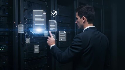 Man in Suit Interacting with Digital File Icons Before Server Racks in Dimly Lit Room Highlighting Data Management and Technology Infrastructure