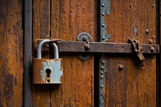 Rusty padlock securing a wooden door with metal hinges and weathered texture

