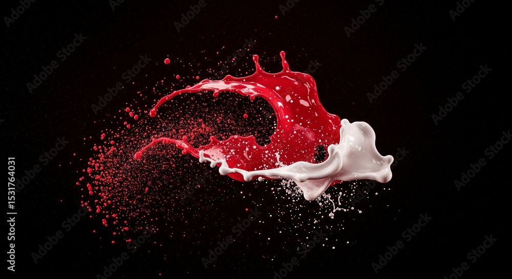 Poster dynamic splash of red and white liquid colliding on a solid black background in studio setup