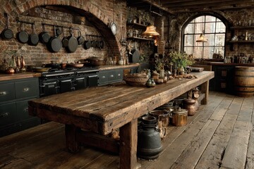 Rustic Kitchen with Wooden Table and Vintage Cooking Utensils