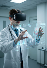 Doctor using VR technology for medical diagnosis: A focused male doctor wearing a virtual reality headset interacts with a holographic 3D model of the human body.