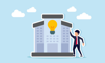 Businessman near building with light symbol illustration of source of business idea inspiration