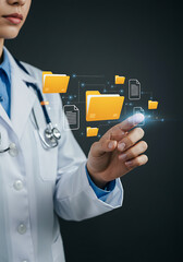 Doctor Navigating Digital Files: Female doctor in lab coat interacts with floating digital files and folders, symbolizing modern healthcare and data management in medicine.