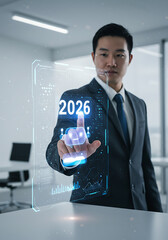 Future Year 2026: The man envisions 2026, interacting with a translucent holographic display that shows the upcoming year in technology and business.