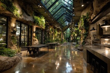 Modern Urban Space with Natural Elements and Indoor Plants