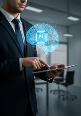 Business and AI Convergence: A distinguished figure in a tailored suit interacts with an AI-infused brain hologram displayed on a tablet, signifying the fusion of technology and intelligence. 