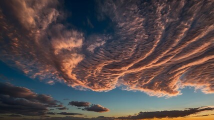 Naklejka premium Majestic sunset sky with dramatic, textured clouds and warm hues, creating a stunning natural atmosphere