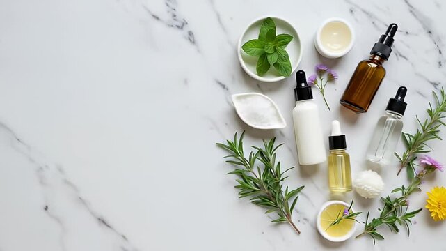 Organic Skincare Still Life with Mint Rosemary and Lemon on a White Marble Background in Bright Daylight for Adobe Stock Photo