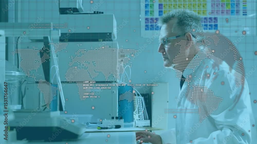 Poster senior scientist loading sample into analyzer for testing while monitoring world map data overlay