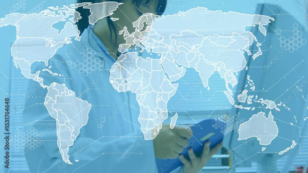 Poster when digital map overlay starting female researcher tapping tablet and analyzing global data in lab