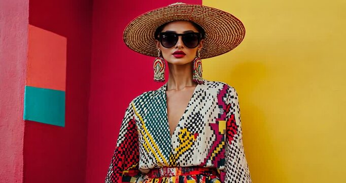Woman in colorful patterned dress and straw hat.
