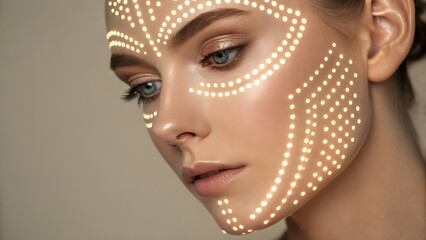 Close-up portrait with LED light patterns sculpting facial features—softly lit, neutral backdrop highlights futuristic beauty-tech fusion.
