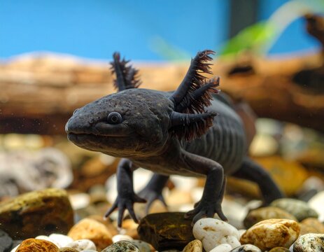 Black axolotl in aquarium