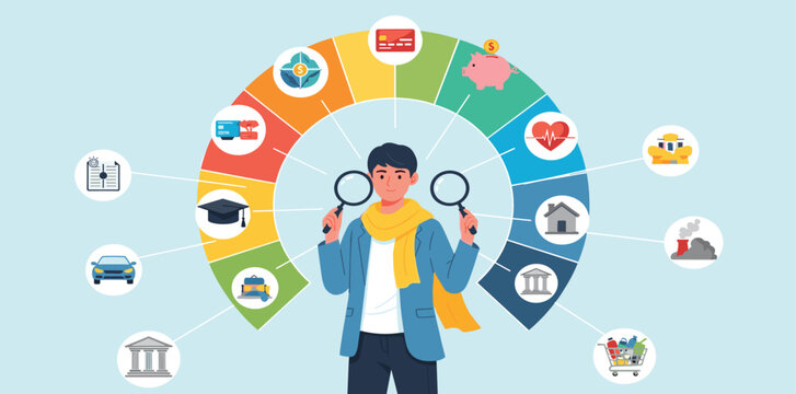 Budget planning, financial expense or spending allocation, investment, income, saving percentage pie chart, cost tracking or debt management concept, businessman analyze budget allocation pie chart.