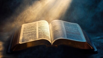 An open Bible with rays of light illuminating the text.