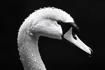 A dramatic black and white portrait of a swan with water droplets glistening on its feathers  © Gg