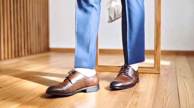 A person reflected in a mirror adjusts trousers and shoes on a wooden floor in a brightly lit room indoors.