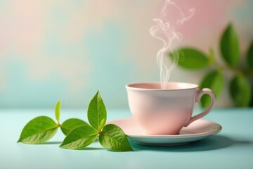 Steaming teacup, vibrant green leaves, pastel backdrop, plant, botanical, cozy