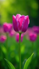 Stunning single late violet tulips in a spring meadow Green foliage backdrop , violet, macro