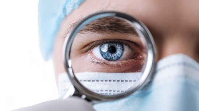 Close up of a doctor's eye seen through a magnifying glass, emphasizing medical precision, healthcare expertise, and attention to detail in diagnosis and treatment, with transparent background