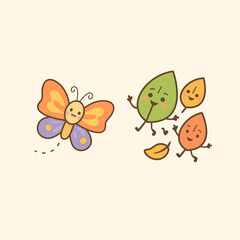 Happy butterfly with cartoon leaves – autumn and nature illustration for kids, featuring flying butterfly and dancing colorful leaves for storytelling and seasonal decor