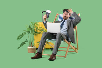Shocked businessman with passport and laptop in deck chair on green background. Summer vacation...