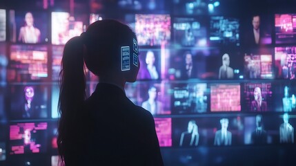 Business professional in cyberspace engaged in a high tech online networking event with interactive digital avatars and AI communication tools