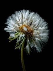 dandelion seed head, isolated on black background, generative ai