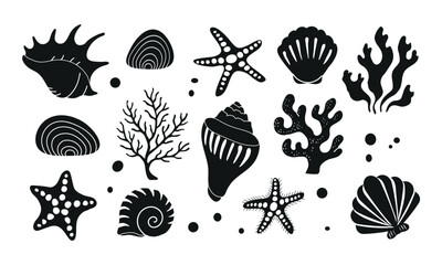 Set collection with ocean see elements reef flora plants silhouettes. Corals and seaweed, shells and sea stars