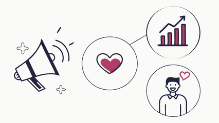 Obraz premium Illustration showing a megaphone, heart, graph, and a smiling man with a heart above his head