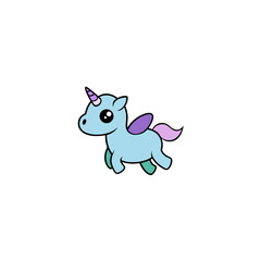 cartoon baby unicorn flying with tiny wings on 