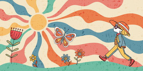Vector drawing of summer landscape, sun rays, vintage colors and texture, flowers and butterfly, walking girl