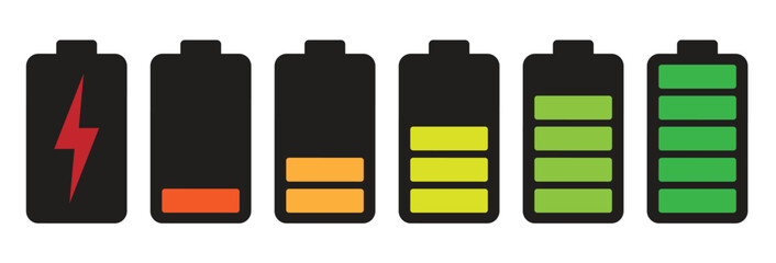 Battery charging indicator icon in white background. Fully charged and discharged battery in 0 to 100 % level icon. Vector illustration.