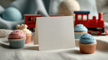 Blank White Greeting Card with Red and Blue Train Toys and Cupcakes in Soft Bakery Background