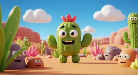 Playful Cartoon Desert Landscape with Animated Cacti