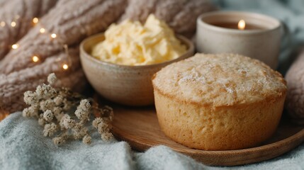 Fototapeta premium A plate of a small cake with a bowl of butter