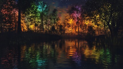 Obraz premium Captivating fantasy setting where the night sky glows with shifting rainbow hues reflecting on a calm and ethereal lake