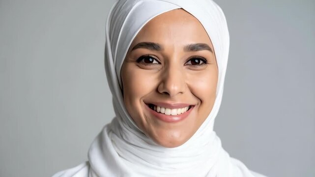 Portrait of a serene young woman wearing a white hijab and smiling gently against a plain grey background in a studio setting