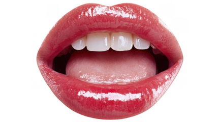 Close up of glossy red lips slightly open, revealing white teeth and tongue, isolated on a transparent background, creating a striking image of beauty and sensuality