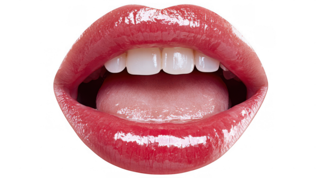 Close up of glossy red lips slightly open, revealing white teeth and tongue, isolated on a transparent background, creating a striking image of beauty and sensuality