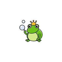 Obraz premium cartoon frog prince blowing bubbles on white