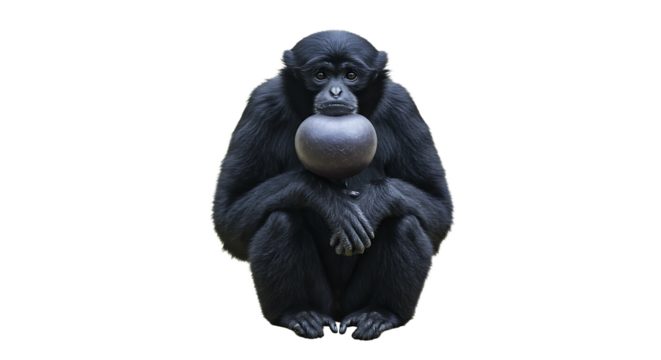 Frontal Portrait of a Siamang Gibbon Holding a Dark Sphere with Crossed Arms