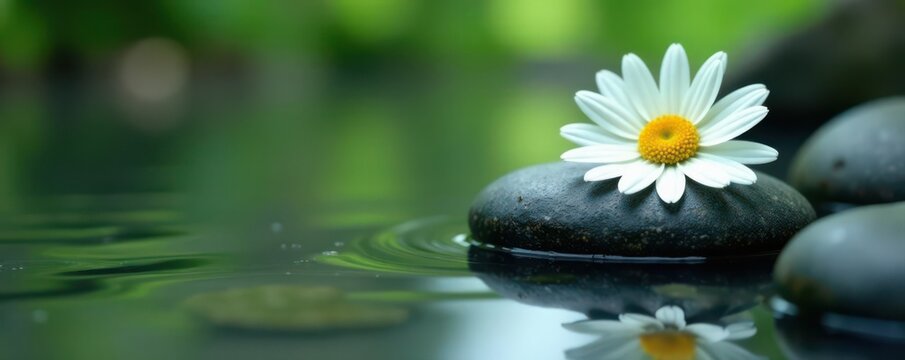 Tranquil water reflects zen stones and a delicate daisy Perfect for relaxation imagery , subtle, peaceful, spiritual