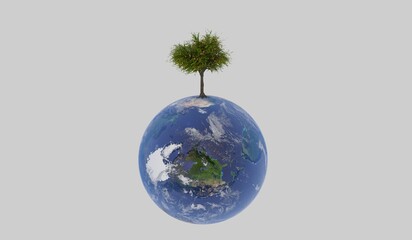 Tree grows on the globe, concept of natural resource conservation, love the world, 3D illustration