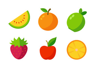 Flat design fruit icons apple orange strawberry lime watermelon