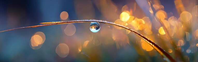 Dewdrop Suspended on Grass Blade with Beautiful Bokeh Background