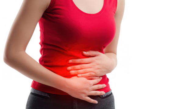 Close up of a woman experiencing intense abdominal pain, highlighted by a red glow on a transparent background, suggesting a medical issue requiring attention