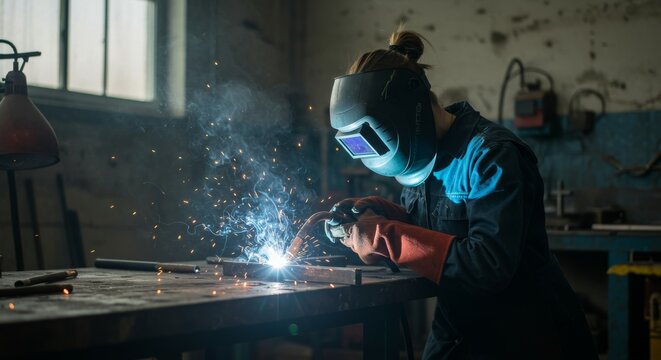 Skilled female welder in protective gear working on metal in a workshop, creating sparks and smoke. Represents industry, craftsmanship, and labor.